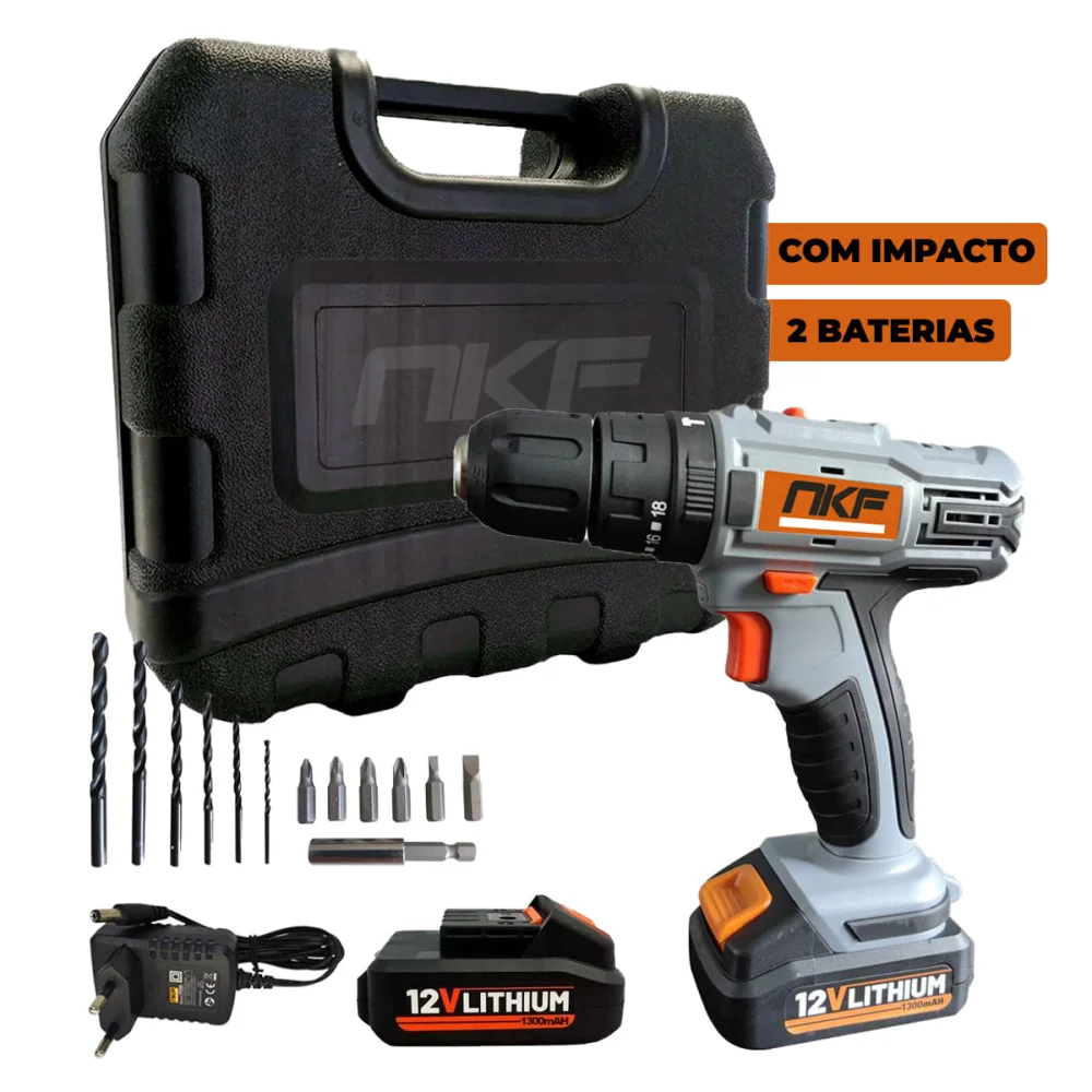 Parafusadeira Furadeira de Impacto e 2 Baterias 12V e 13 Acessórios FPI12X2 NKF