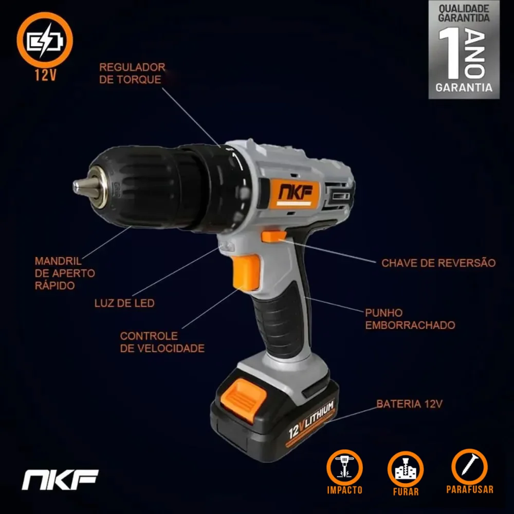 Parafusadeira Furadeira de Impacto e 2 Baterias 12V e 13 Acessórios FPI12X2 NKF