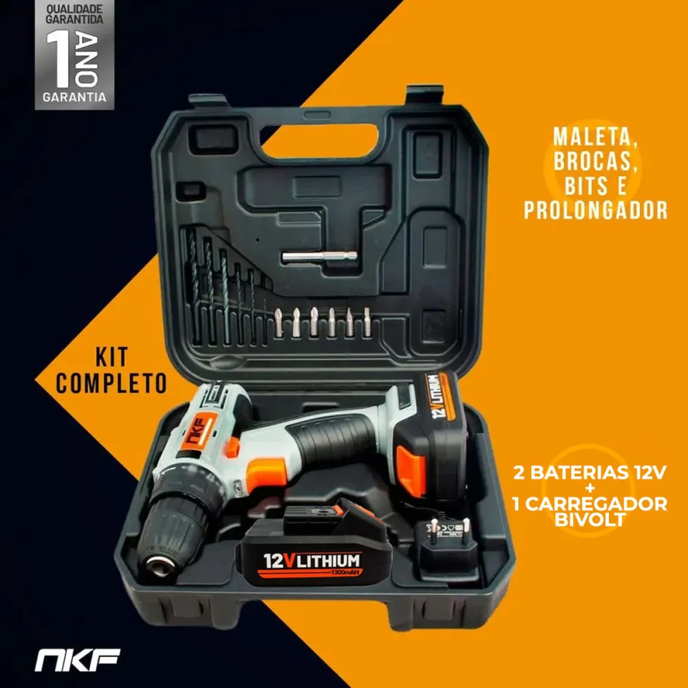 Parafusadeira Furadeira de Impacto e 2 Baterias 12V e 13 Acessórios FPI12X2 NKF