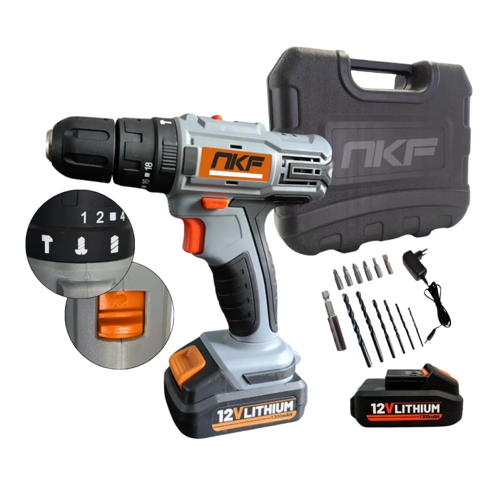 Parafusadeira Furadeira de Impacto e 2 Baterias 12V e 13 Acessórios FPI12X2 NKF