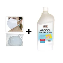 Kit 1 Álcool Gel 70° Antisséptico 1L e 50 Unid de Máscaras Descartáveis em TNT