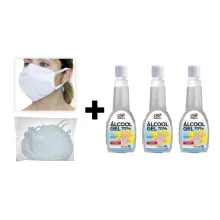 Kit 3 Álcool Gel 70° Antisséptico 500G e 50 Máscaras Descartáveis em Tecido TNT