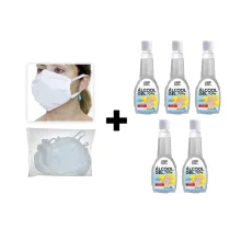 Kit 5 Álcool Gel 70° Antisséptico 500G e 100 Un de Máscaras Descartáveis em TNT