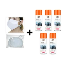 Kit 5 Álcool Spray 70° Antisséptico 209G e 50 Un.de Máscaras Descartáveis em TNT