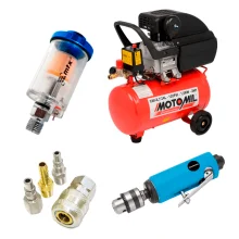 Kit Compressor Motomil e Furadeira Pneum Gamma e Jg de Engate Steel e Filtro MTX