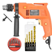 Kit Furadeira de Impacto 500 Watts Belfix e 5 Brocas e Jogo de Bits e Adaptador 110 Volts