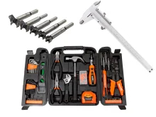 Kit Jogo Ferramentas Montagem em Bancada 129Pç e Broca Forstner 5Pç e Paquímetro