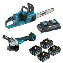 Kit Motosserra DUC353Z e Esmerilhadeira DGA504Z 4 Baterias Carregador DC18SH Makita