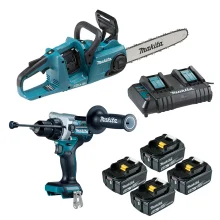 Kit Motosserra DUC353Z e Parafusadeira DHP486Z 4 Baterias Carregador DC18SH Makita