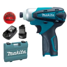 Kit Parafusadeira TD090DZ Makita Bateria BL1014 Carregador DC10WB Bits e Maleta