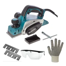 Kit Plaina Elétrica 82mm KP0800 Makita e 2 Facas e Luva e Óculos de Proteção