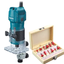 Kit Tupia 6mm 530 Watts 3709 Makita e Jogo de 12 Fresas para Madeira 110 Volts