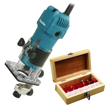 Kit Tupia 6mm 530 Watts 3709 Makita e Jogo de 6 Fresas para Madeira 110 Volts