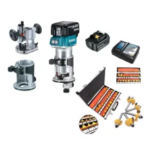 Kit Tupia à Bateria DRT50RMJX2 Makita e Conjunto Fresas para Madeira NKF 35 pçs