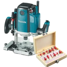 Kit Tupia de Coluna 12mm RP2301FC Makita e Conjunto de 12 Fresas para Madeira 220 Volts