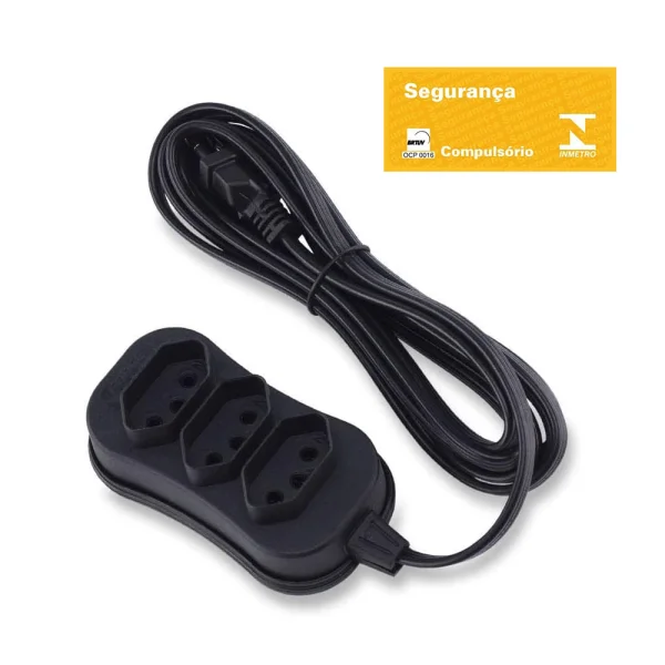 Extensão 3 Tomadas Tripolar Slim 3m Preto Force Line Bivolt