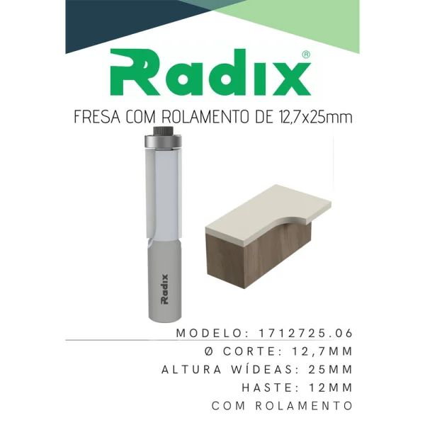 Fresa Paralela com Rolamento 1/2 Pol x 15mm Haste 12mm 1712715.06 Radix