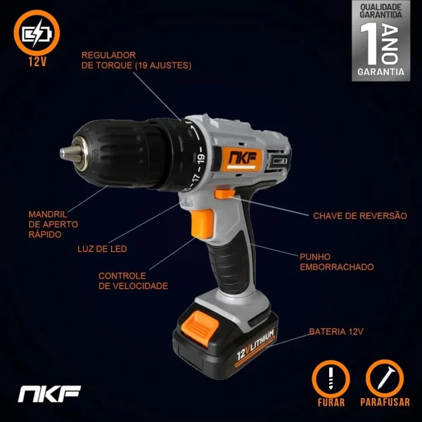 Furadeira Parafusadeira Maleta 13 Acessórios e 2 Baterias 12V FP12X2 NKF