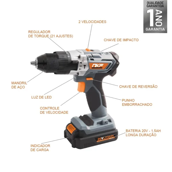 Kit 2 Furadeira de Impacto e Parafusadeira à Bateria com 4 Baterias FP20X2 NKF