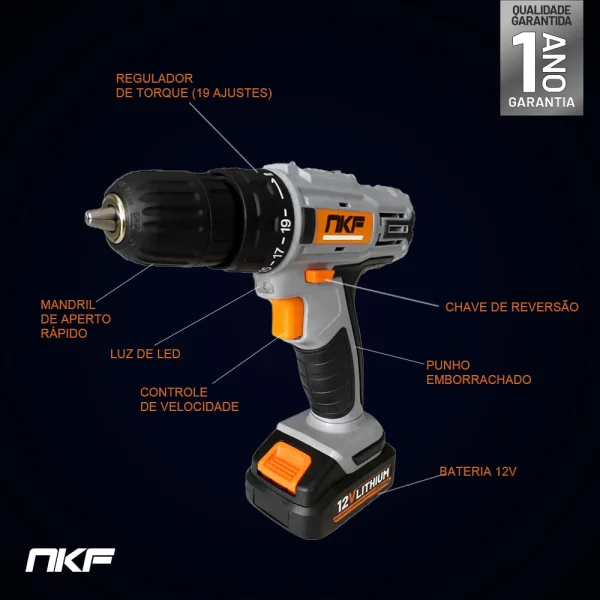 Kit 2 Furadeira Parafusadeira à Bateria 12V com Maletas e Acessórios FP12X50 NKF