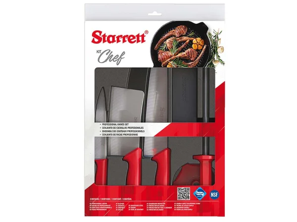Kit Faca Chefe 1 Cutelo 2 Facas 1 Chaira com Proteção 1 Pedra de Afiar Starrett