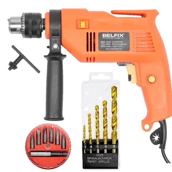 Kit Furadeira de Impacto 500 Watts Belfix e 5 Brocas e Jogo de Bits e Adaptador 110 Volts