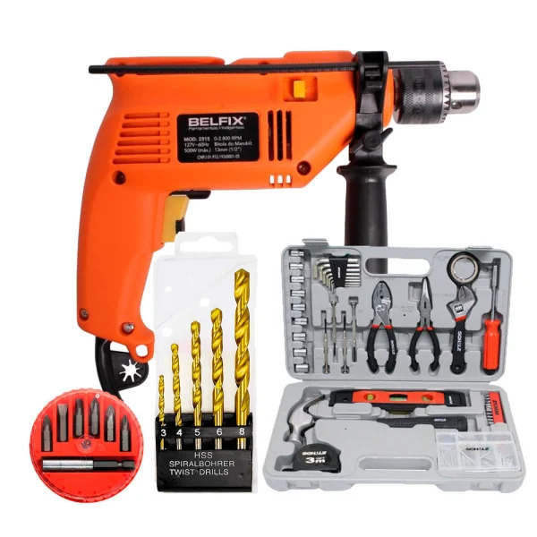 Kit Furadeira de Impacto 500W Belfix e Maleta com Acessórios e Bits e Brocas 110 Volts