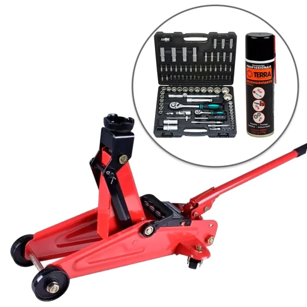 Kit Macaco Hidráulico Jacaré 2T Sparta e Jogo de Soquetes 94Pçs e Desengripante