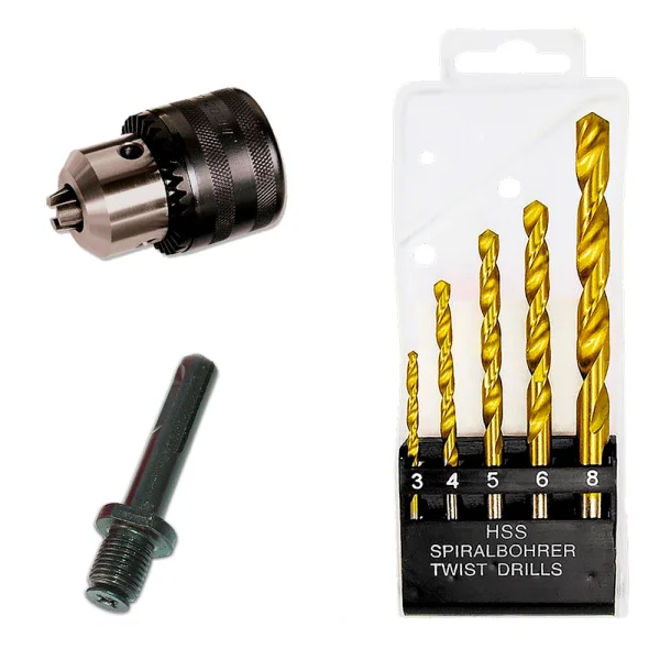 Kit Mandril 1/2 Pol com Chave e Adaptador com Rosca SDS Plus e Jogo de 5 Brocas