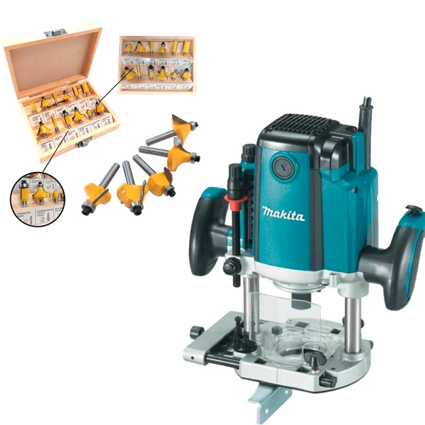 Kit Tupia de Coluna 12mm RP1801F Makita e Conjunto de Fresas para Madeira NKF