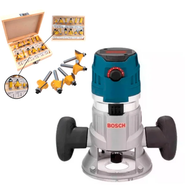 Kit Tupia de Coluna Fixa 1600 Watts Bosch e Conjunto de Fresas para Madeira NKF