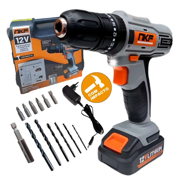 Parafusadeira Furadeira de Impacto à Bateria 12V e 13 Acessórios FPI12X NKF