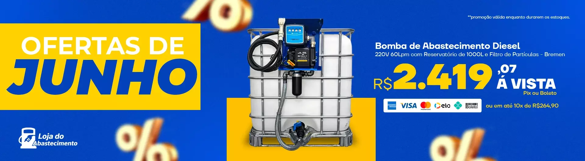 Bomba de Abastecimento Diesel 220V 60Lpm com Reservatório de 1000L e Filtro de Partículas - Bremen-Ref3416