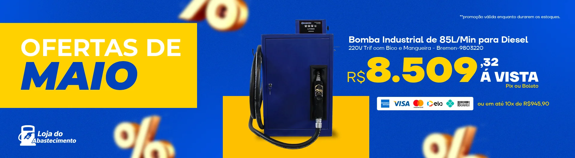 Bomba Industrial de 85L/Min para Diesel 220V Trif com Bico e Mangueira - Bremen-9803220