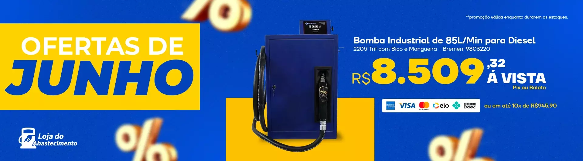 Bomba Industrial de 85L/Min para Diesel 220V Trif com Bico e Mangueira - Bremen-9803220