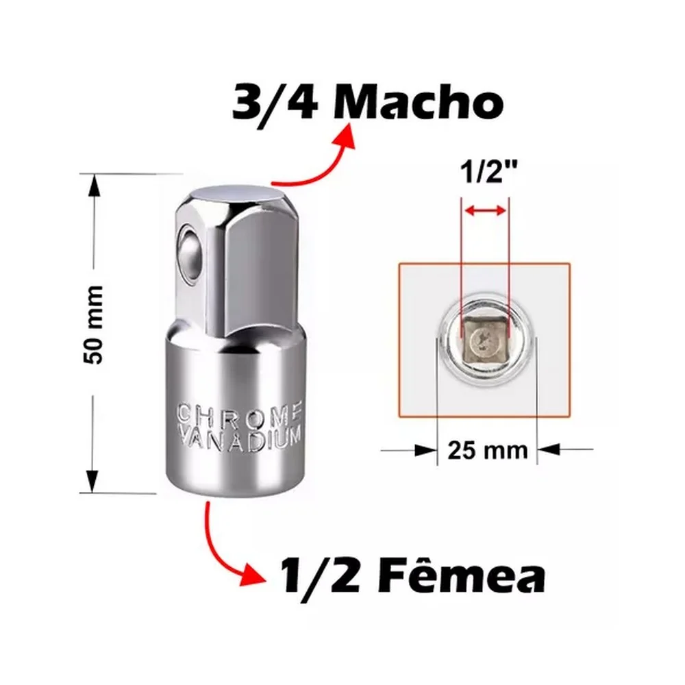 Adaptador de Soquete Quadrado Femea 1/2" Macho 3/4" CRV 1/2X3/4" Noll 4050117