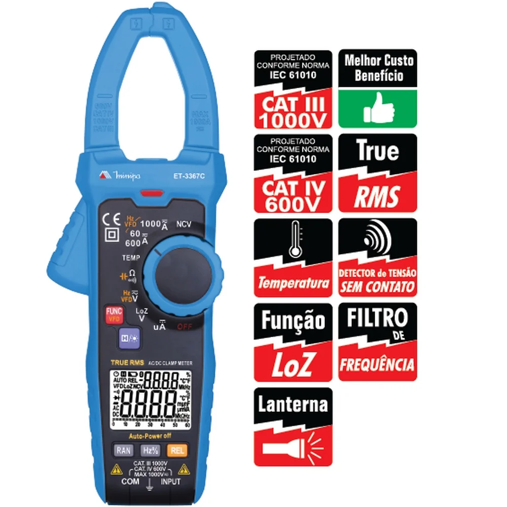 Alicate Amperimetro Digital 1000V AC/DC CAT.III 1000A AC Minipa ET-3367C