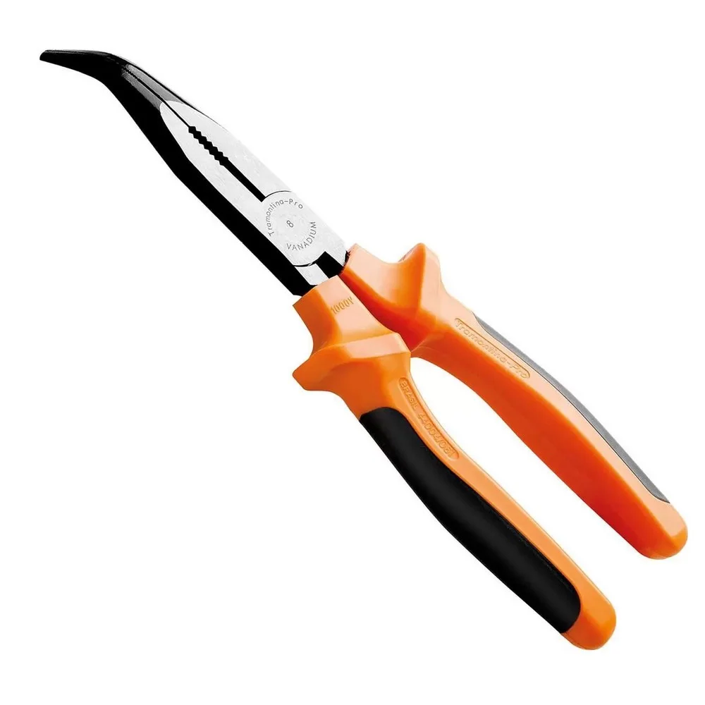 Alicate de Bico Meia Cana Longo Curvo Isolado 1000V NBR9699 NR10 Cabo Laranja/Preto CRV 8" Tramontina Pro 44004/181