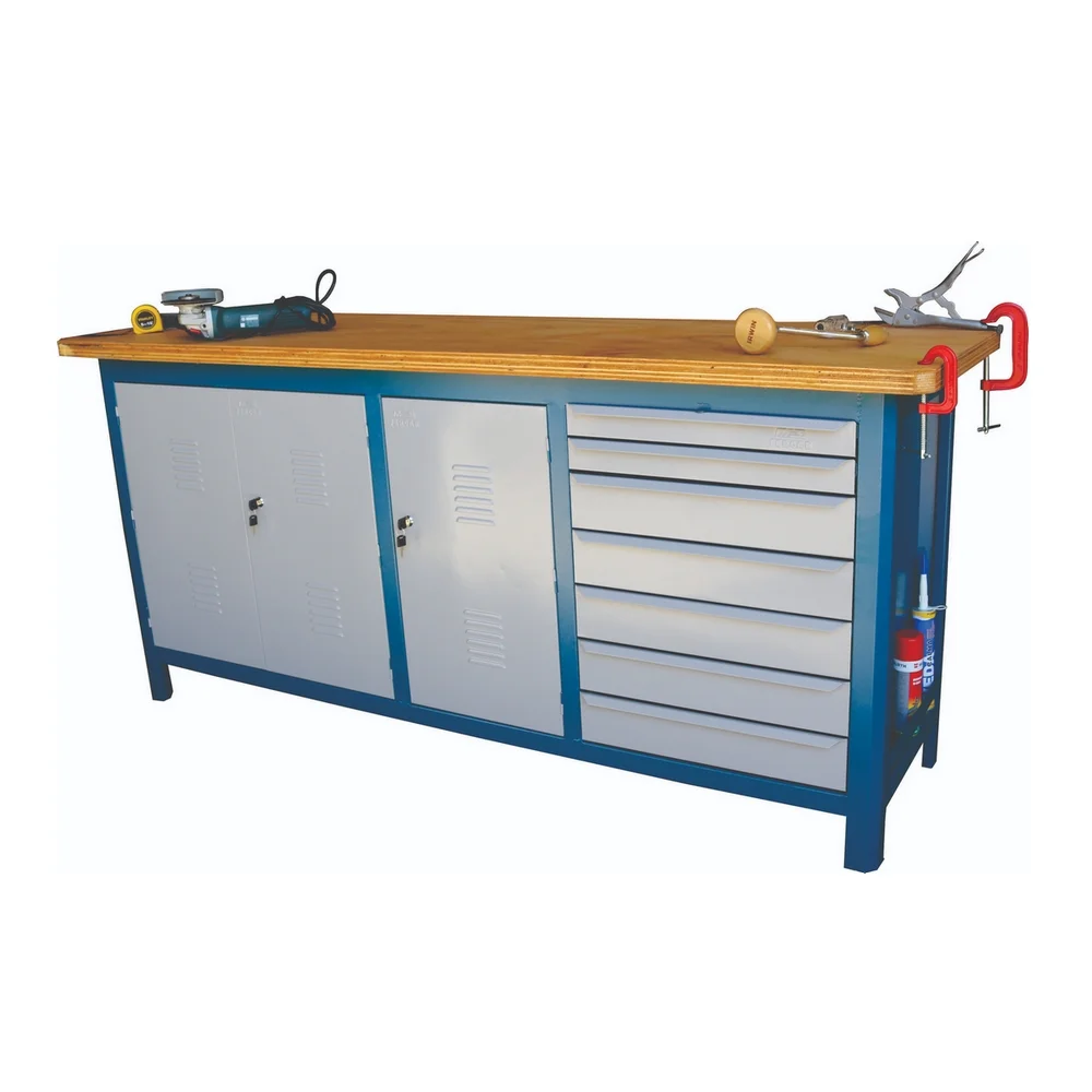 Bancada Fechada Tampo de Madeira Com 7 Gavetas e 3 Portas 200X60X90CM Fercar 207CDF
