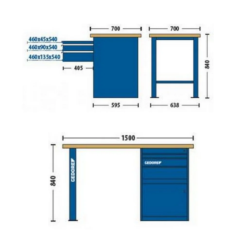 Bancada Tampo de Madeira Com 1 Modulo de 3 Gavetas e 1 Porta 150X70X84CM Gedore 30830-84522