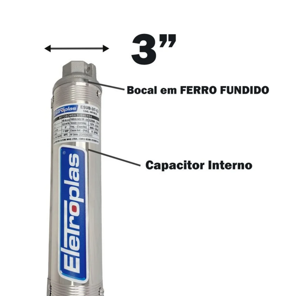 Bomba Submersa Tipo Caneta 3500LH 110V 1/3HP Eletroplas 3ESUB-2/7 CI