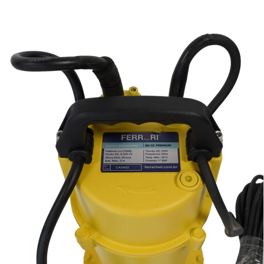 Bomba Submersivel Para Drenagem de Agua Lima e Suja 8500L/H 220V 750W Ferrari BS-32 PREMIUM