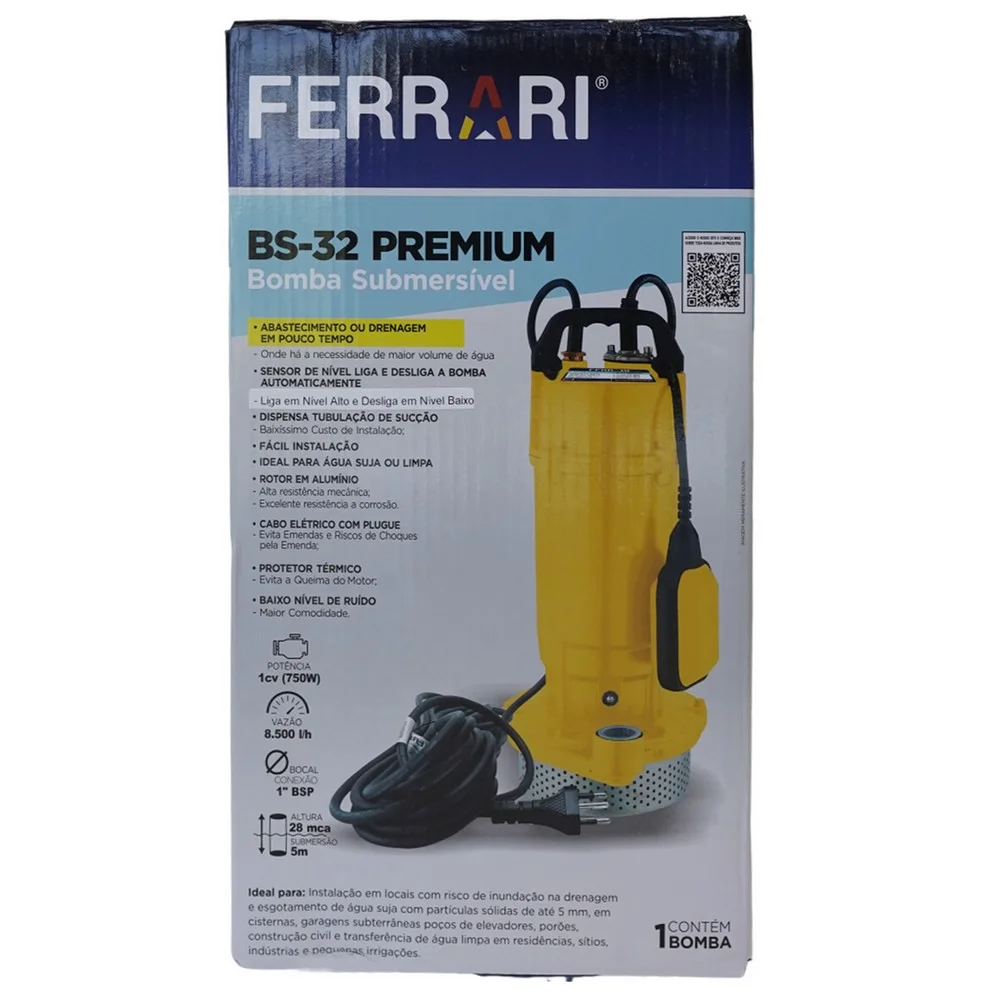 Bomba Submersivel Para Drenagem de Agua Lima e Suja 8500L/H 220V 750W Ferrari BS-32 PREMIUM