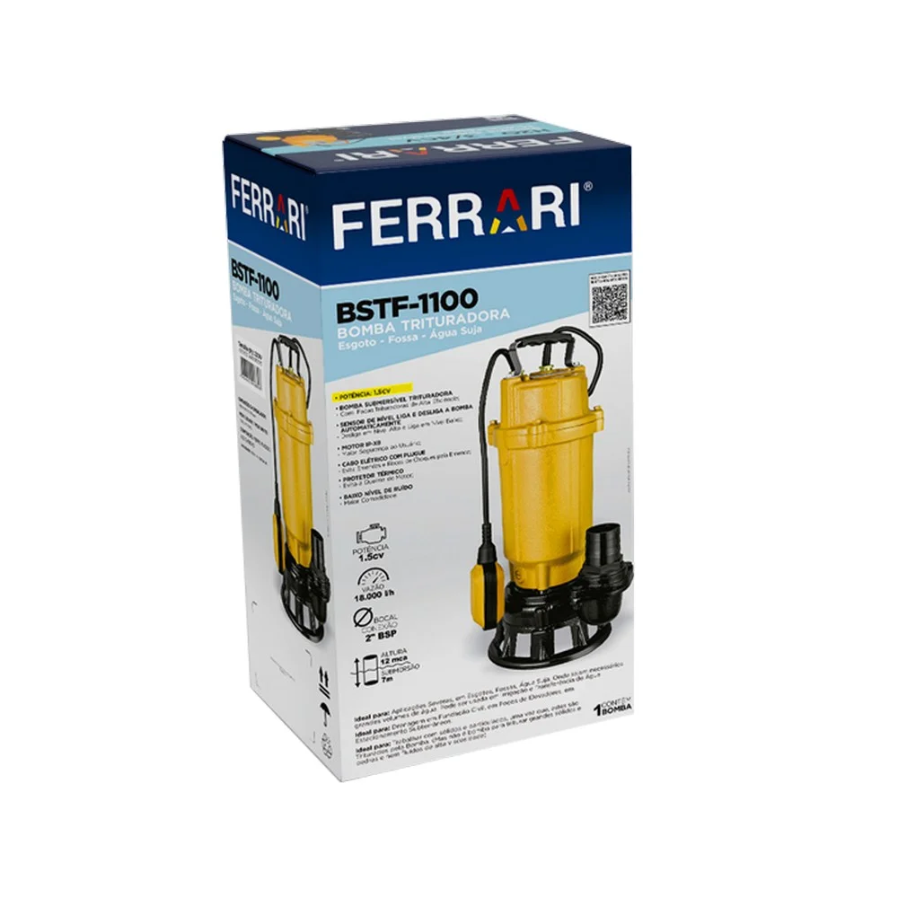 Bomba Submersivel Trituradora Para Drenagem de Agua Suja 18000L/H 220V 1118W Ferrari BSTF-1100