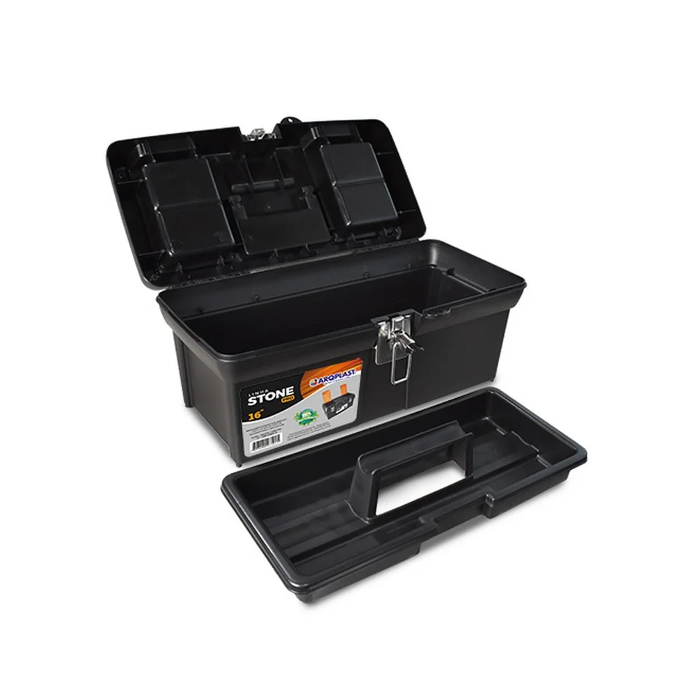 Caixa Plastica Bau para Ferramentas Com Bandeja Fecho Metalico 16"-42CM Arqplast STONE PRO ACO