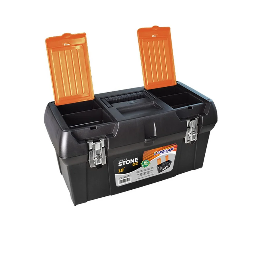 Caixa Plastica Bau para Ferramentas Com Bandeja Fecho Metalico 19"-49CM Arqplast STONE PRO ACO