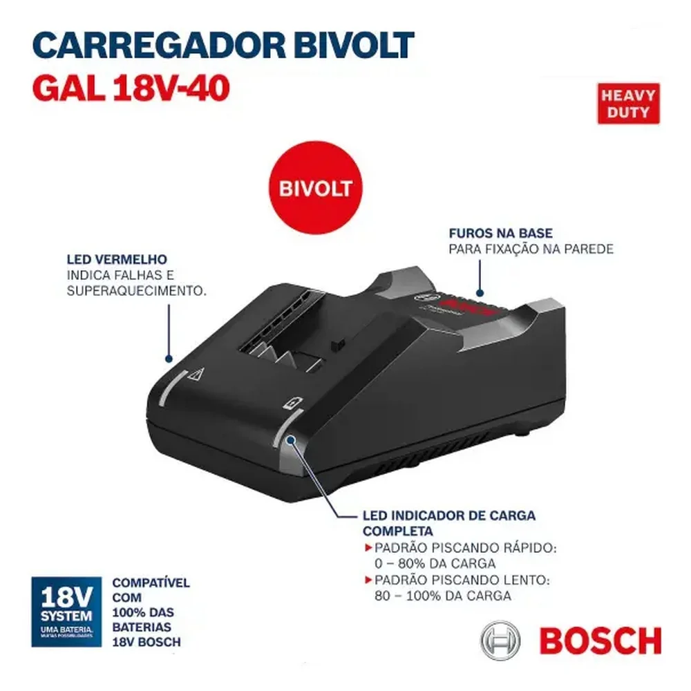 Carregador de Bateria 14,4V E 18V Bivolt Bosch GAL 18V-40