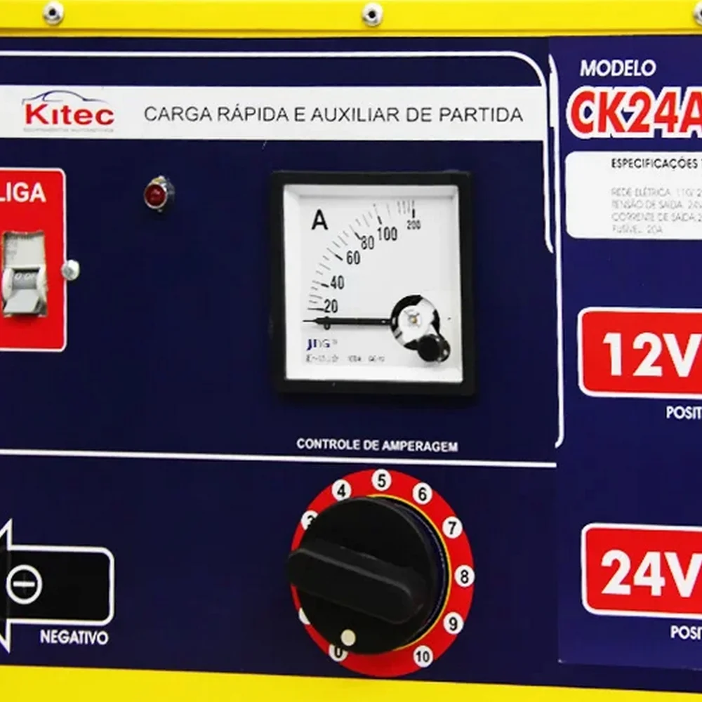 Carregador de Bateria Rapido e Lento com Auxiliar de Partida 200A 2-12/24V Bivolt Kitec CK24A200