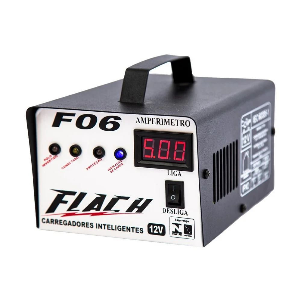 Carregador Inteligente de Bateria Digital Automatico Flutuante Auxiliar de Partida 6A 1-12V Bivolt Flach F06
