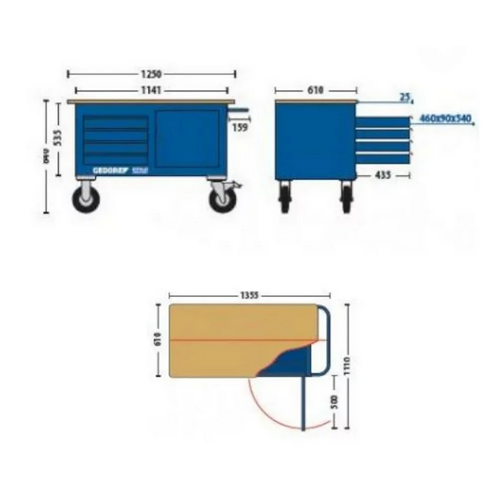 Carrinho de Ferramentas Bancada de Madeira Com 4 Gavetas e 1 Porta 61X125X84CM Gedore 63340